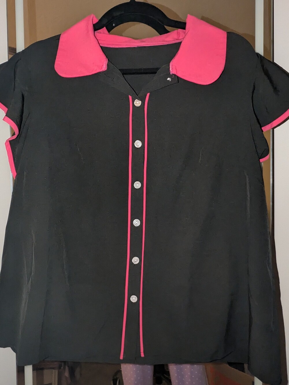 Black Top with Pink Trim Button-Front Women's Blouse